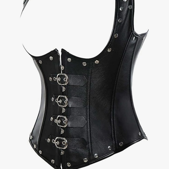 Black Studded Corset Halter Top w. buckles, underbust, fully adjustable, lace up - Picture 4 of 12